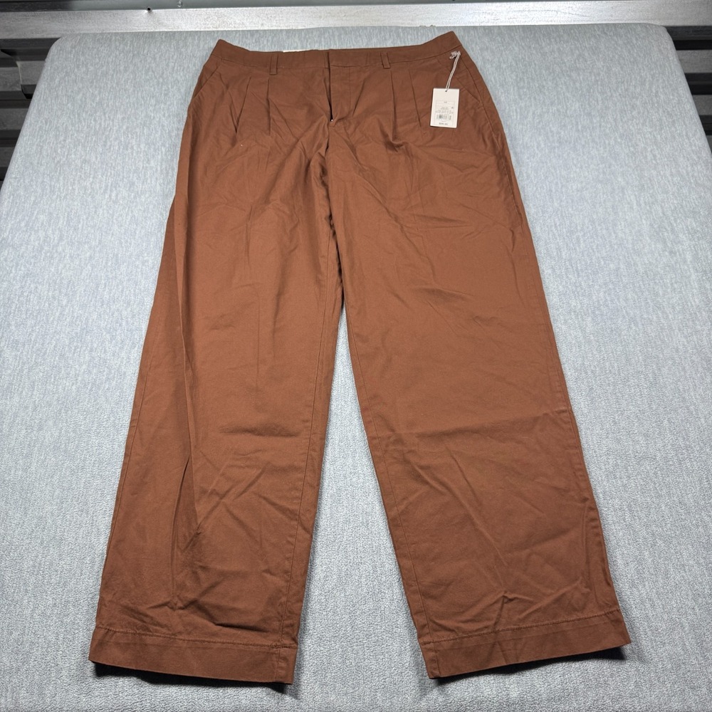 A New Day Pants Womens 14 Brown Pleated High Rise Relaxed Straight Leg NWT Chino